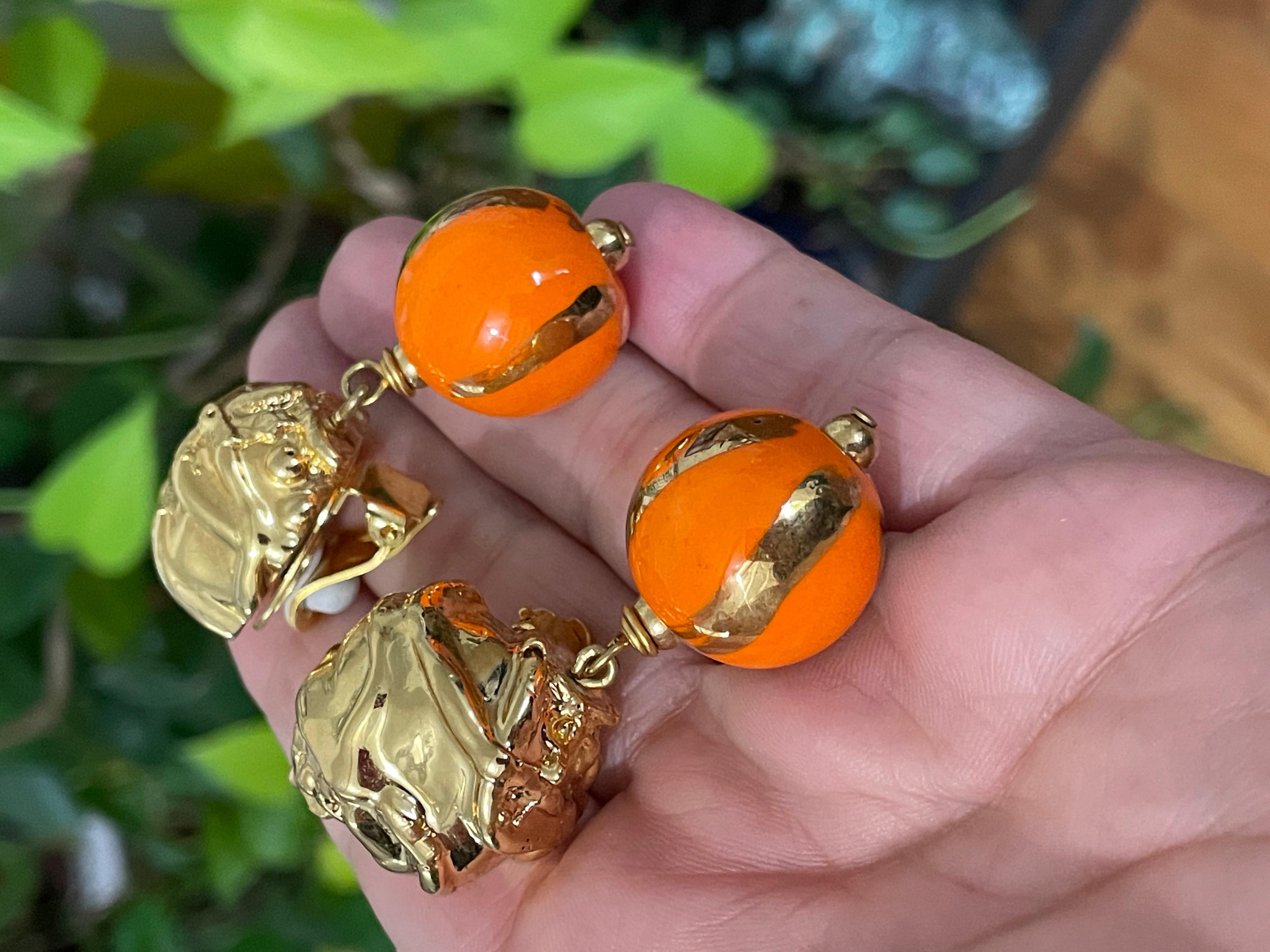Dominique Aurientis Orange and Gold Hand Painted Earrings 1980s, New Never worn For Sale 4