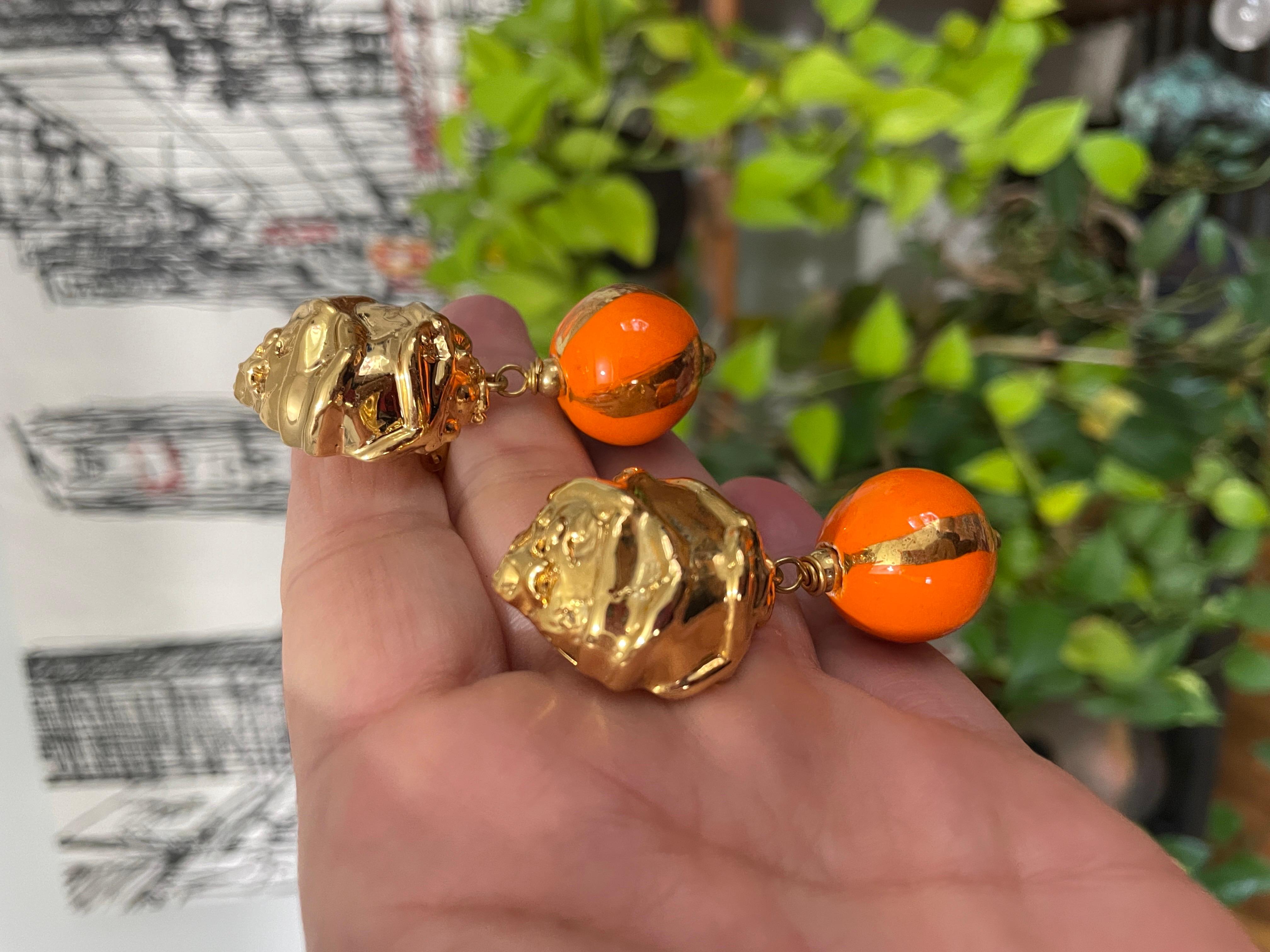 Dominique Aurientis Orange and Gold Hand Painted Earrings 1980s, New Never worn  For Sale 3