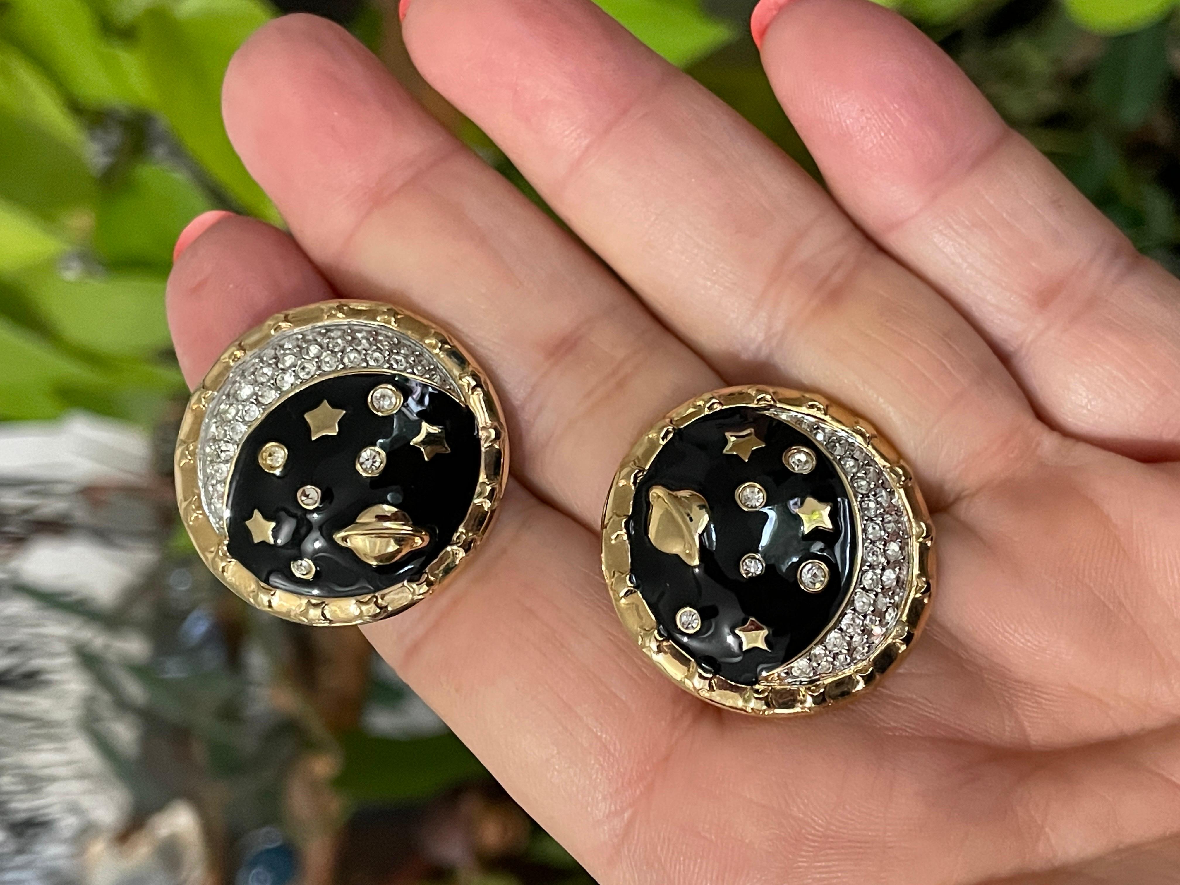 Brilliant Cut Daniel Swarovski Crystal Moon Bezel Set Earrings Never Worn For Sale