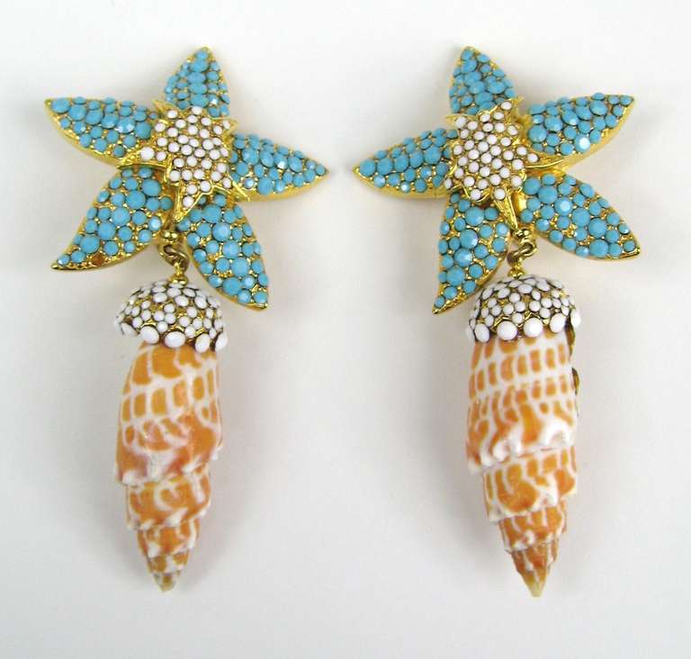 Massive Barrera Starfish Shell Dangle Earrings Real Shells In New Condition In Wallkill, NY