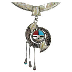 Native American Zuni Sun Face Spinner Turquoise Coral Necklace 6