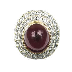 Elaborate 18K Gold Cabochon Garnet Ring w/ Mine Cut Diamonds 9