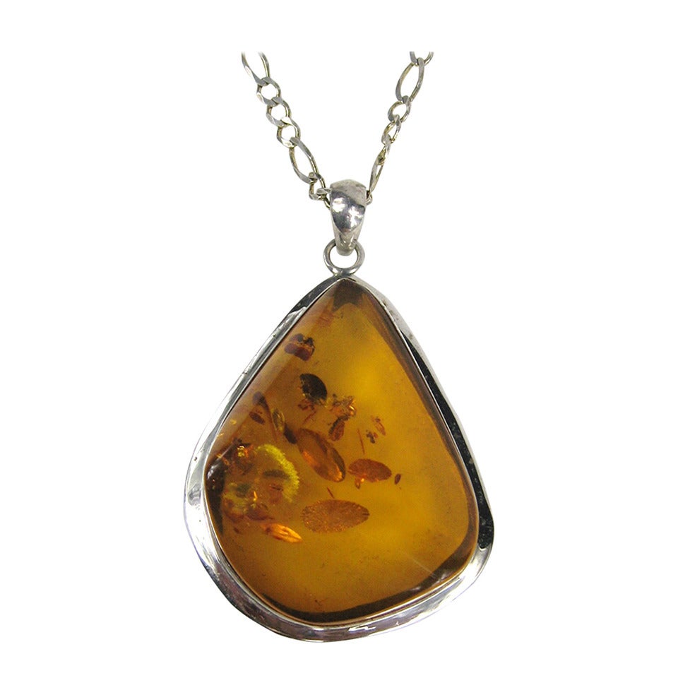Massive Amber Sterling Silver Necklace Pendant