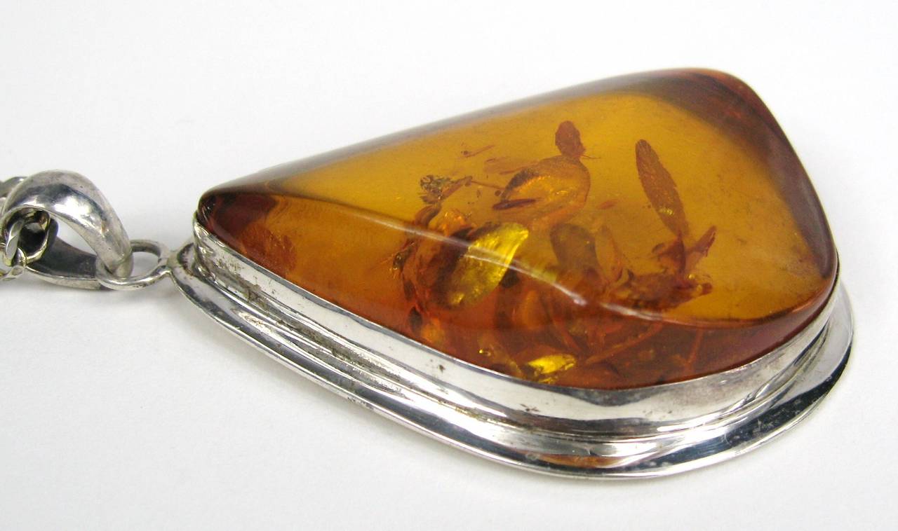 Massive Amber Sterling Silver Necklace Pendant In Excellent Condition In Wallkill, NY
