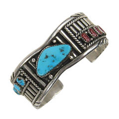 Navajo Sterling silver Coral Turqouise Mirror Image Cuff Bracelet 6