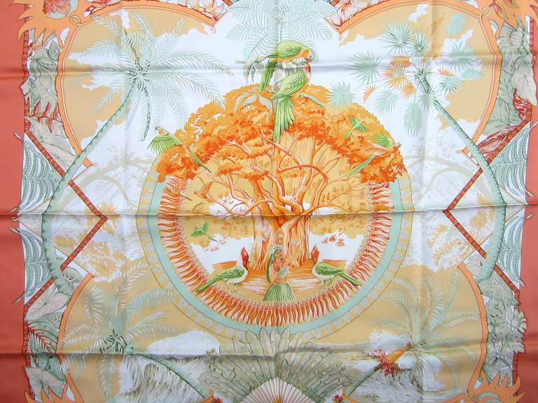 Authentic Hermes Scarf 
Stunning colors! 

90cm x 90cm (35 inches x 35 inches )
100% Silk

Aloha
     Laurence Bourthoumieux
First issued in 2000
Any questions please call, email or hit contact 