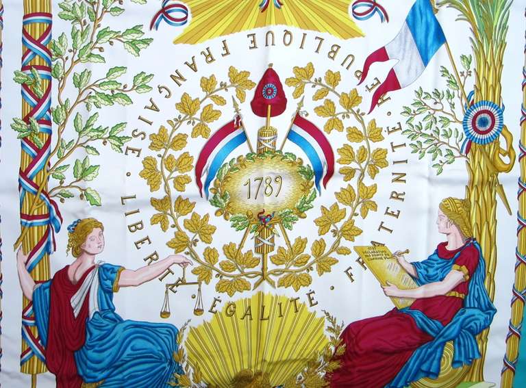 Republique Francaise Liberte Egalite Fraternite 
1789 by Joachim Metz celebrating France becoming a Republic. The French revolution, which began in 1789, paved the way for France to become a republic in 1792. 
*This dramatic scarf was first issued
