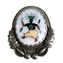 Zuni L.H. Lonjose Sterling Silver Pearl Inlay Brooch / Pendant 3