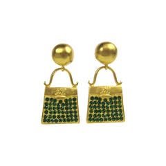 1990s Karl Lagerfeld Gilt and Glass Handbag Earrings New Never Worn 8