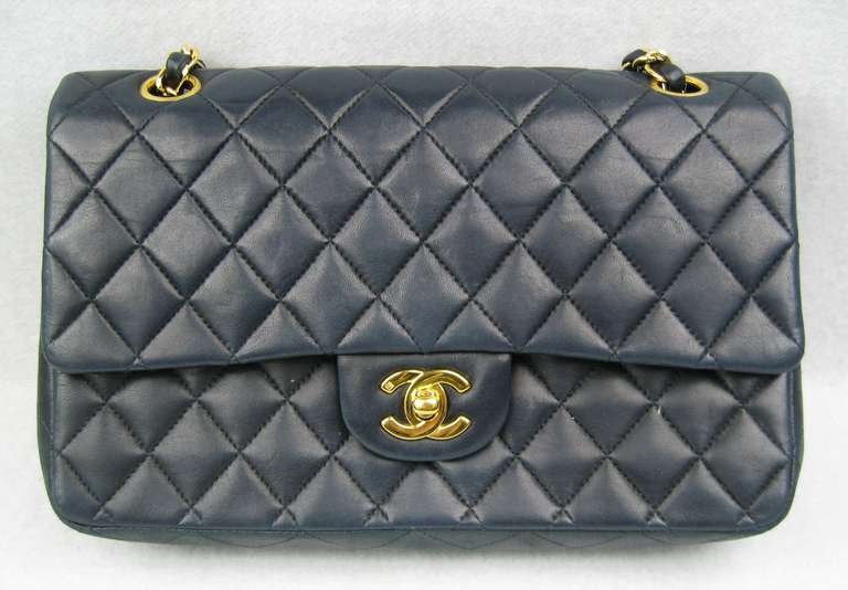 Chanel Navy Blue Iconic Handbag In Excellent Condition In Wallkill, NY