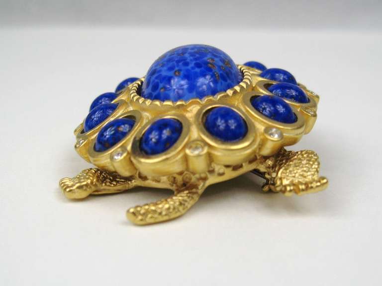 Women's Kenneth Jay Lane Gold Gilt  Lapis Blue Cabochon Turtle Brooch