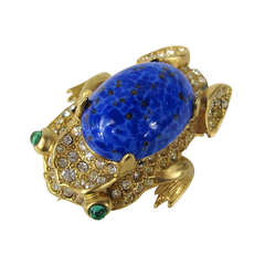 Kenneth Jay Lane Gold Gilt Lapis Blue Cabochon FROG Brooch 6
