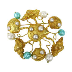 1980's Dominique Aurientis Gold Gilt Sea shells Brooch New Old stock