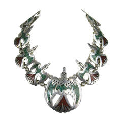 Native American Peyote Bird Chip Inlay Squash Blossom Necklace Sterling Silver 9