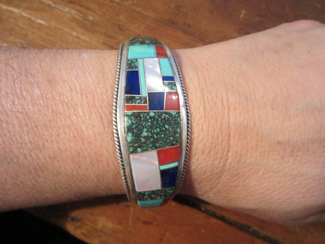 Zuni Sterling Silver Turquoise Lapis Coral Cuff Bracelet For Sale at