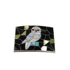 PORFILIO & ANN SHEYKA Native American Owl Zuni INLAY Silver Belt Buckle 2