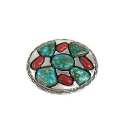 Massive Native American Turquoise and Coral Belt Buckle by Vandever 8