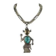 Sterling Silver & 14K Gold Sun Face Dancer Turqouise Pendant Necklace 2