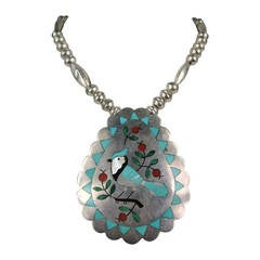 Zuni Sterling Silver Blue Jay Coral & Turquoise Pendend Necklace 4