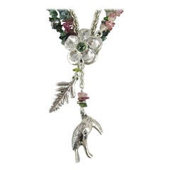 Sterling Silver beaded Susan Cummings Parrot Charm Stone Necklace 1980s 12