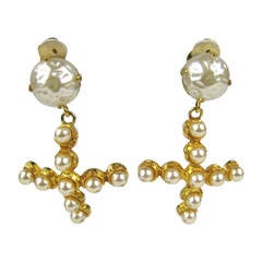 1980s Dominique Aurientis Pearl Cross Earrings 2