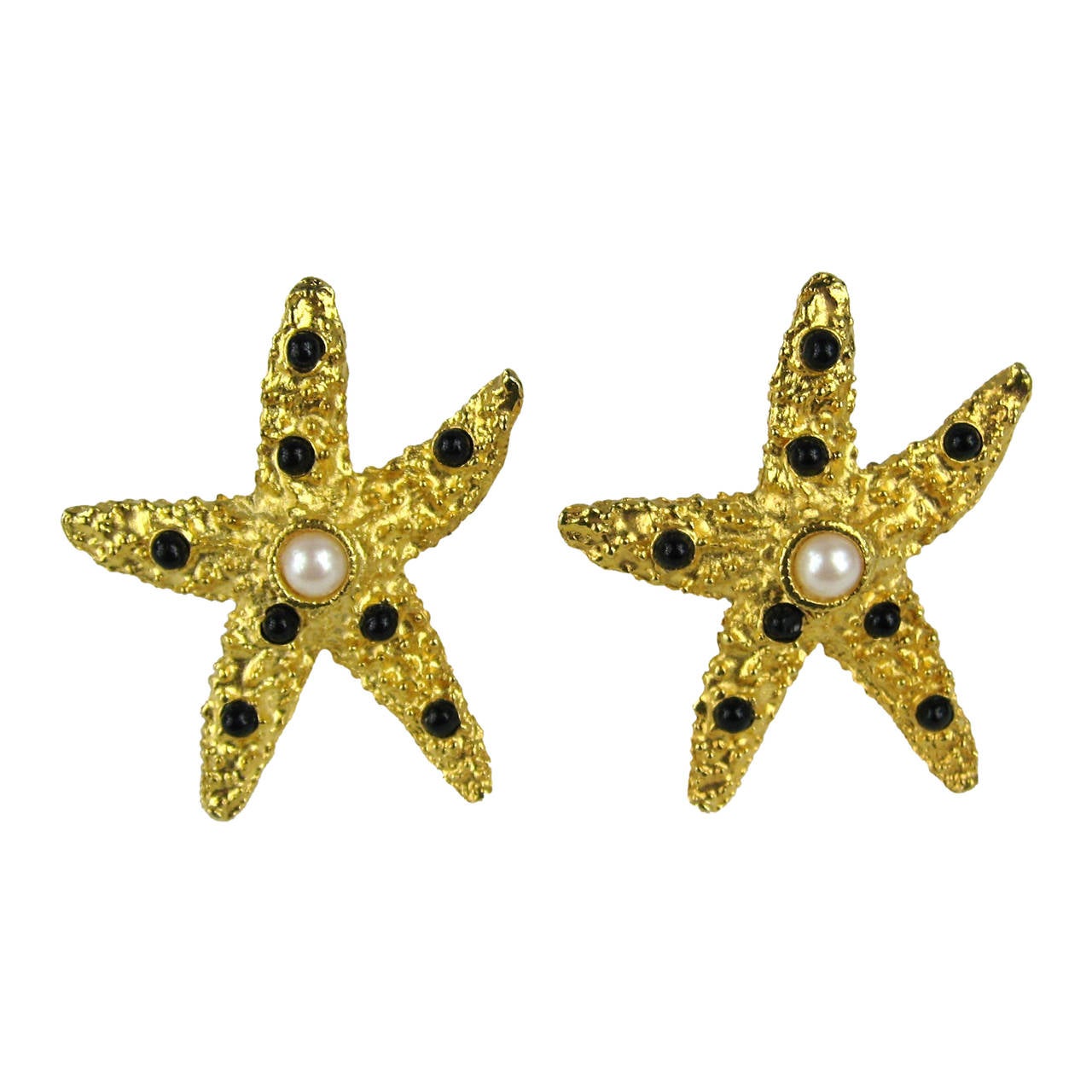 YOSCA Gripoix Pearl Starfish Earrings 1990s Gold tone New Old Stock