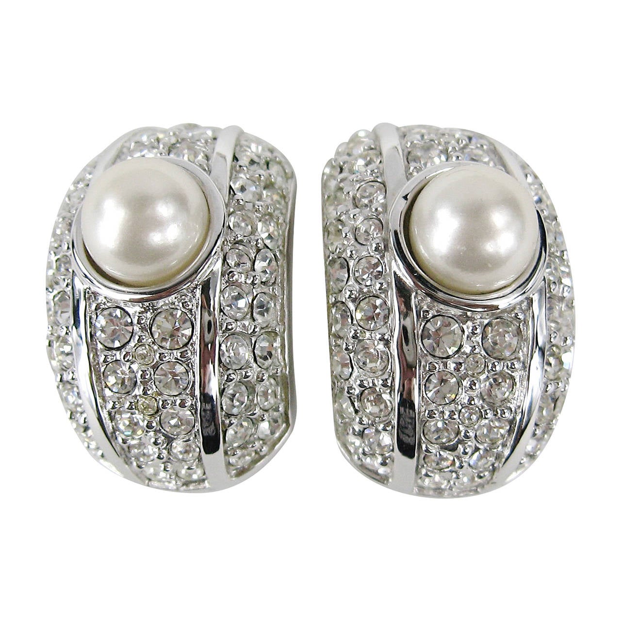 Swarovski Bezel Crystal and Pearl Clip on Earrings New Old Stock For