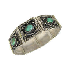 Native American Pawn Turquoise Panel Sterling Bracelet 5
