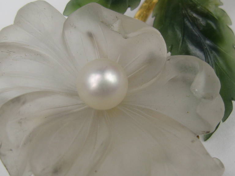 Women's White and Green Jade Pearl 18K Gold Floral Brooch