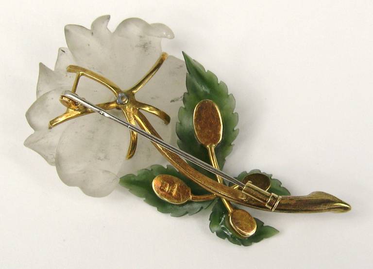 White and Green Jade Pearl 18K Gold Floral Brooch 1