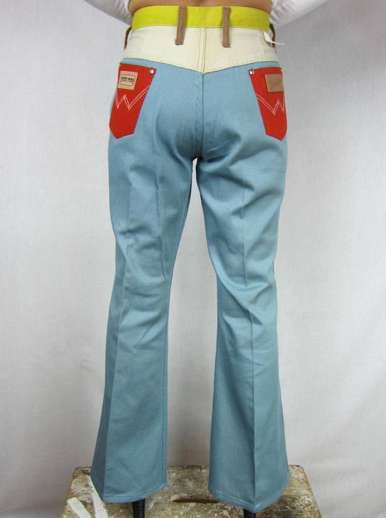 Blue 1960s Peter Max for wrangler Patchwork Bell Bottom Jeans New Old Stock