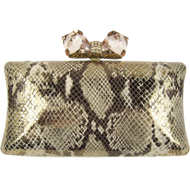 JUDITH LIEBER  Clutch Python Printed Embossed Leather Gold tone NWT