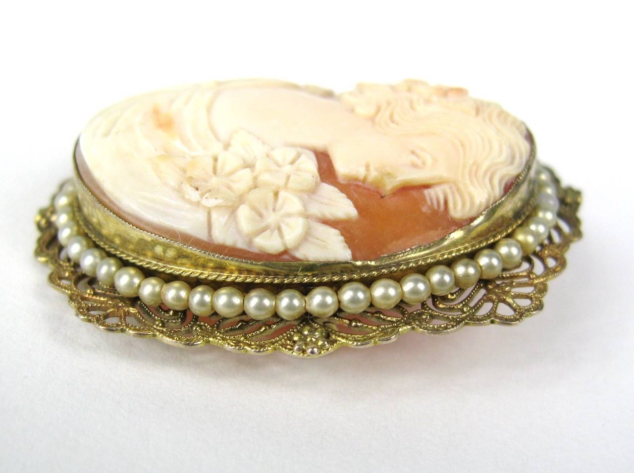 1920's Gold Seed Pearl Cameo Pin Brooch