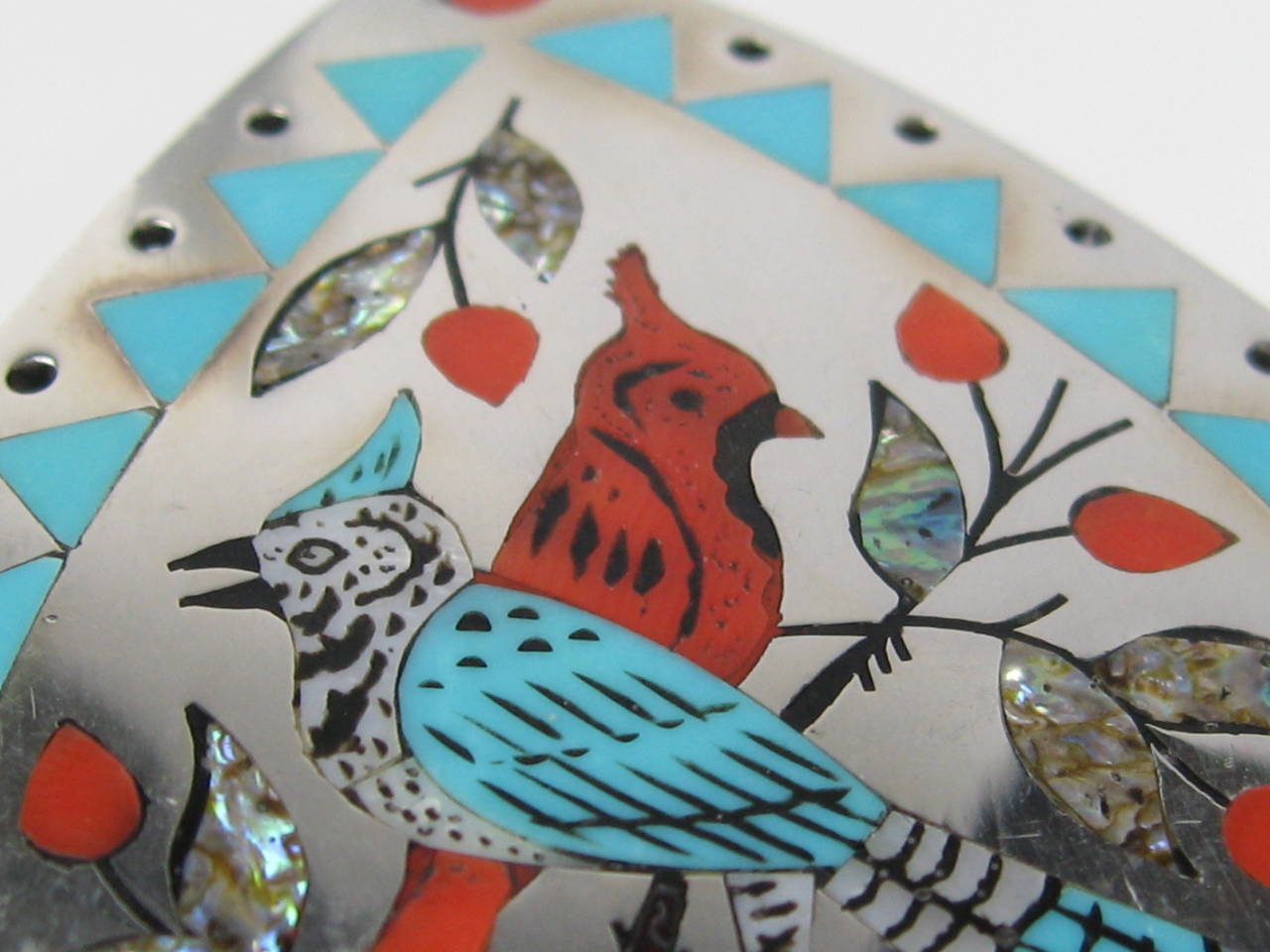 Zuni Sterling Silver Turquoise and Coral Inlaid Cardinal Bracelet For