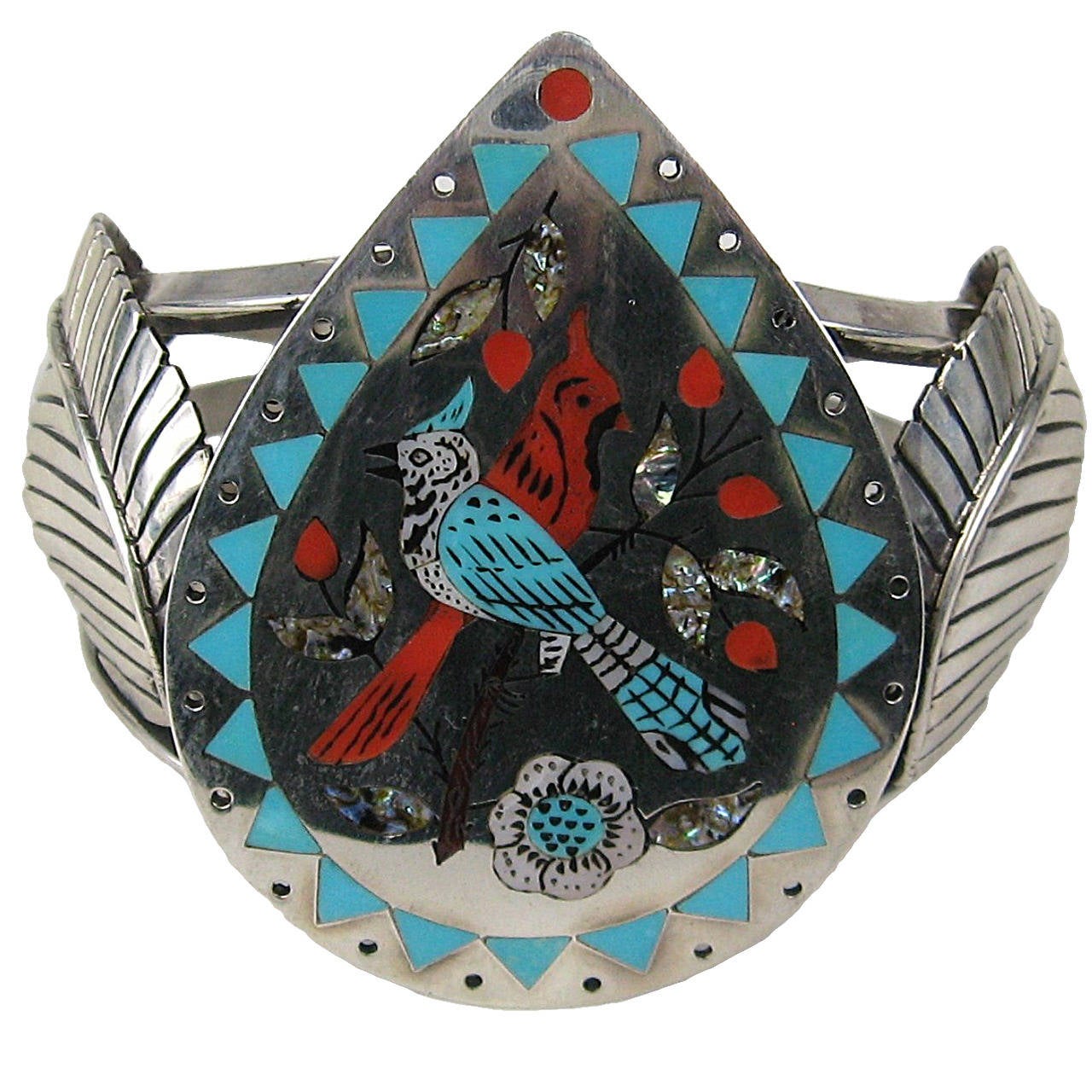 Zuni Sterling Silver Turquoise and Coral Inlaid Cardinal Bracelet For