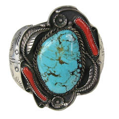 Old Pawn NAVAJO Sterling Silver Coral & Turquoise CUFF BRACELET Totem 12
