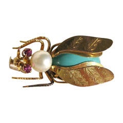 14k Gold Turqouise Pearl & Topaz Fly Insect Brooch 3