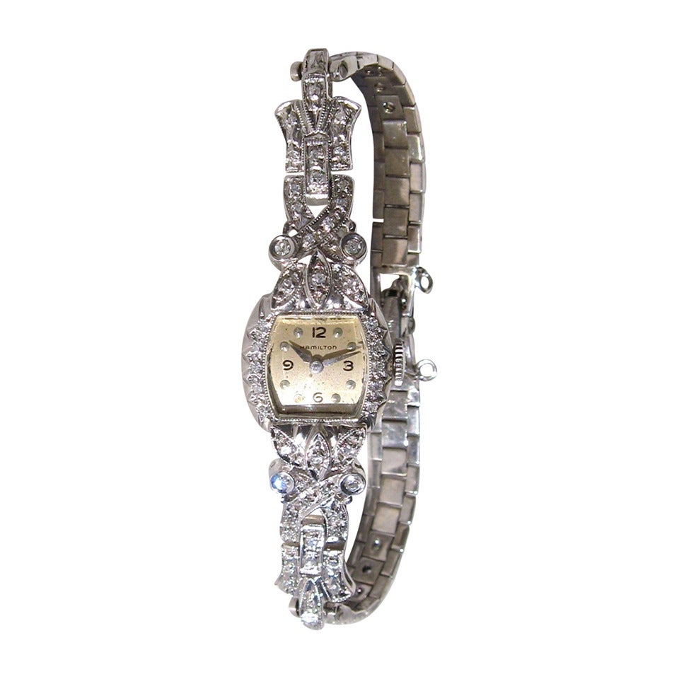 Luxurious 14K White Gold Diamond Hamilton Ladies wrist watch For Sale 