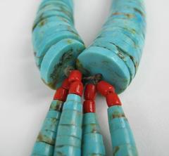 Santo Domingo Pueblo Heishe Turquoise, Clam Shell Coral Necklace w Jacla
