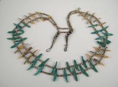Exotic Carved Shell Bird Fetish Heishi Bead Turquoise Sterling Silver Necklace