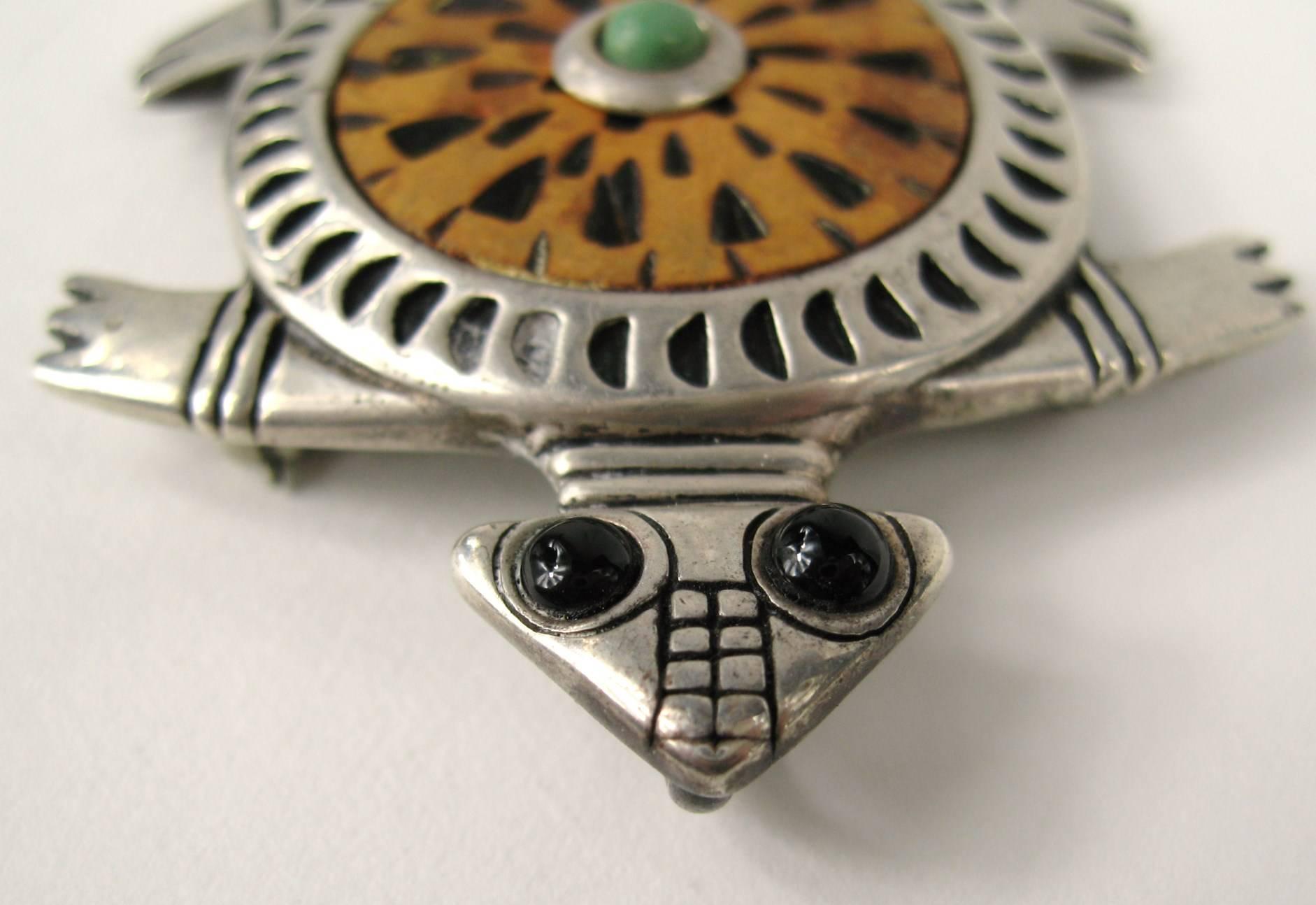 Sterling Silver Native American Wood Turtle Pin Pendant  In Excellent Condition In Wallkill, NY