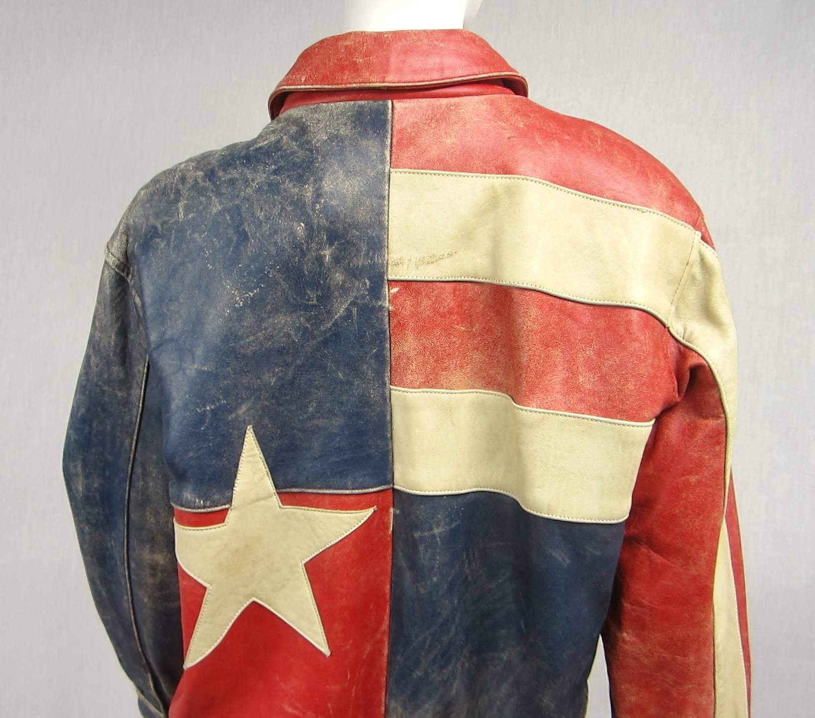 Brown 1970s Red White Blue Leather American Flag Bomber Jacket