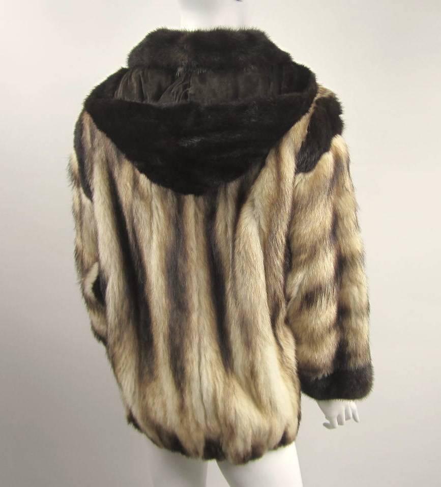Donna Giacca Lux Russian Fitch & Mink degli anni '80 con cappuccio staccabile