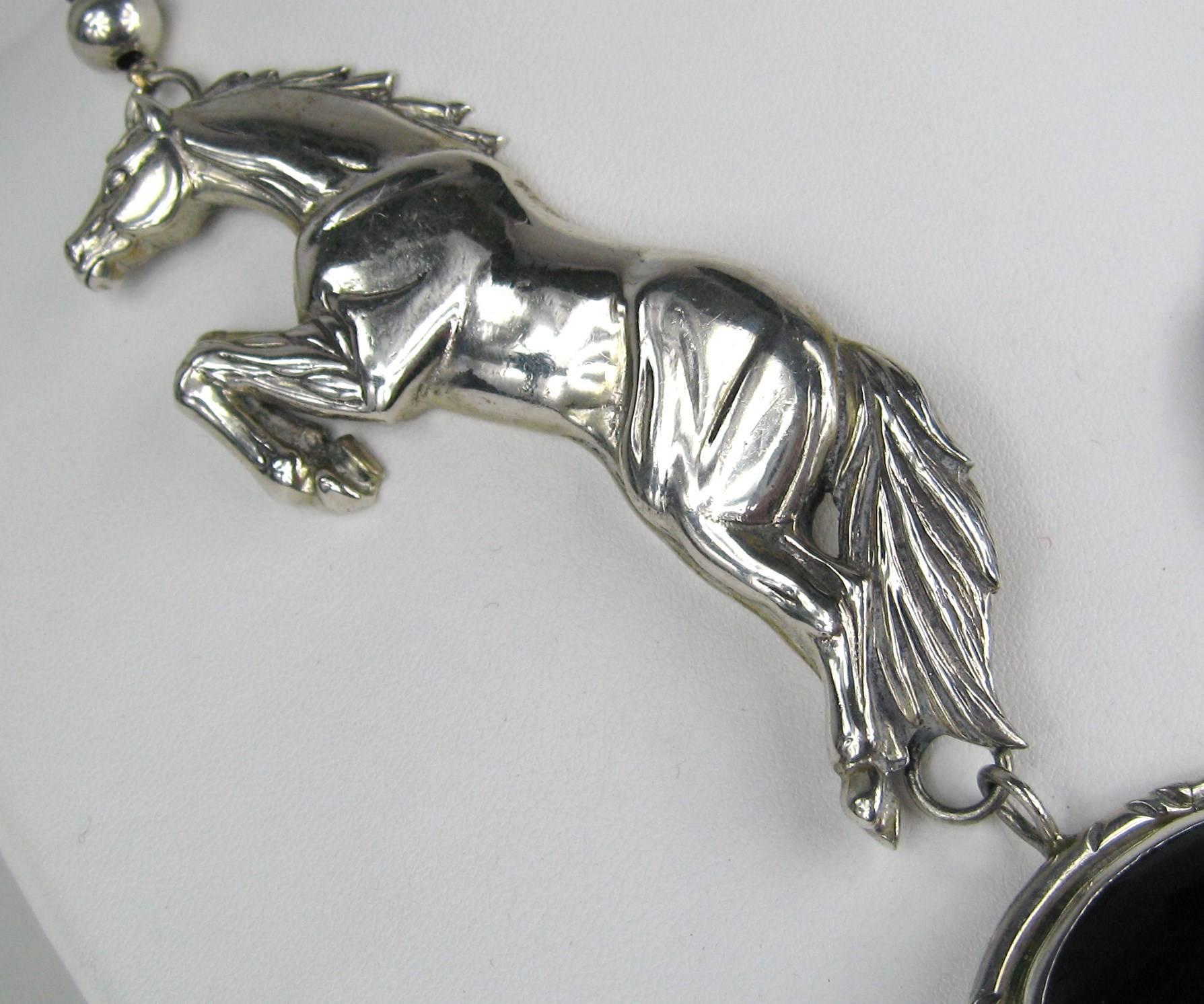 Women's 1990s Sterling Silver CAROL FELLEY Onyx Horse Duo Necklace