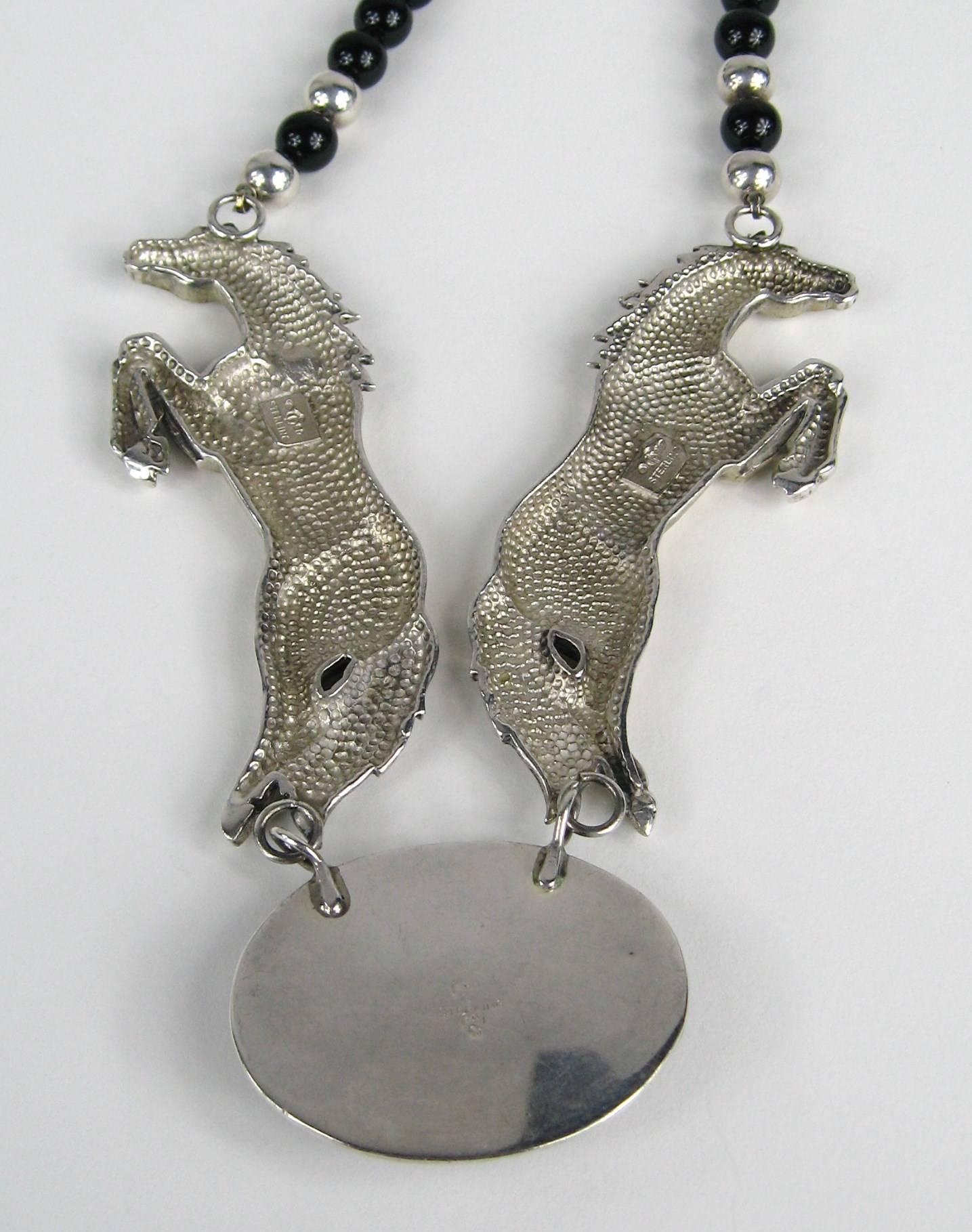 1990s Sterling Silver CAROL FELLEY Onyx Horse Duo Necklace 1