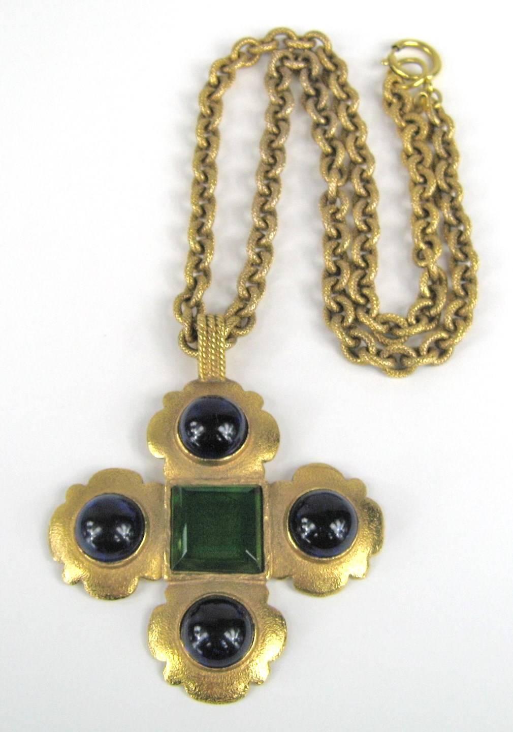 Stunning Chanel Maltese Cross Necklace 
Purple and green gripoix glass cabochons 
Pendant measures 
3.43
