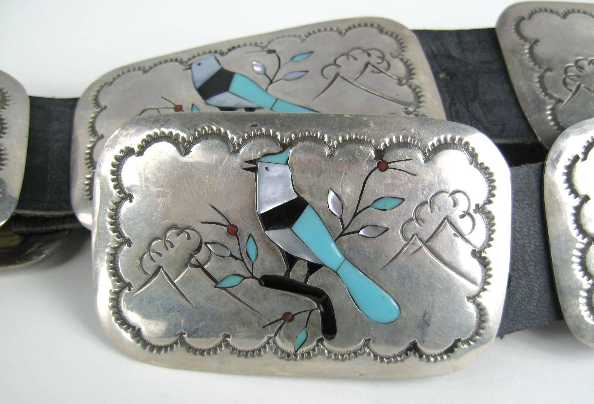 Gray Sterling Silver Zuni Turquoise Inlaid Paneled Blue Jay Concho Belt 