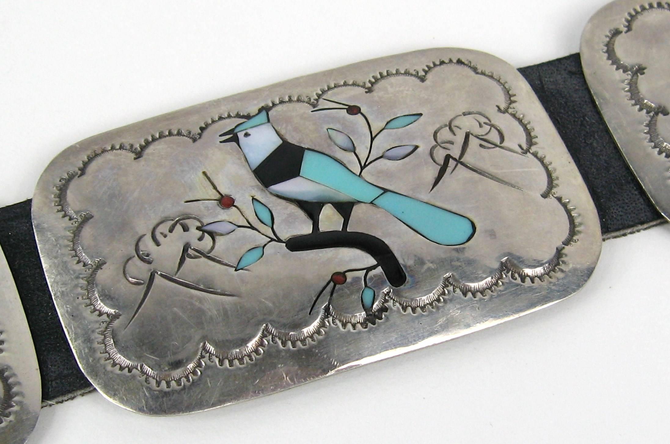 Sterling Silver Zuni Turquoise Inlaid Paneled Blue Jay Concho Belt  In Excellent Condition In Wallkill, NY
