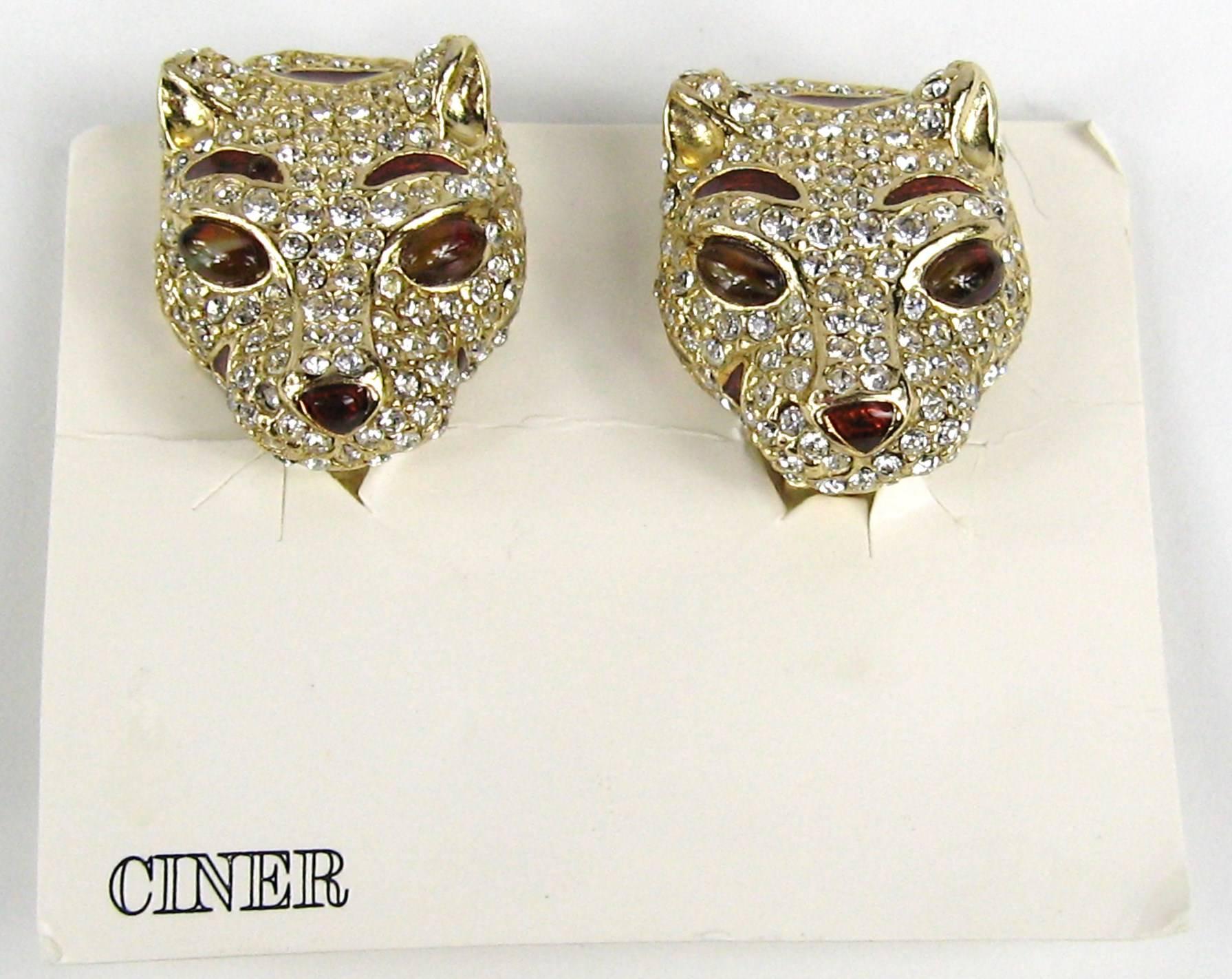 Women's 1980s Ciner encrusted swarovski Crystal Lion Earrings - New Old stock