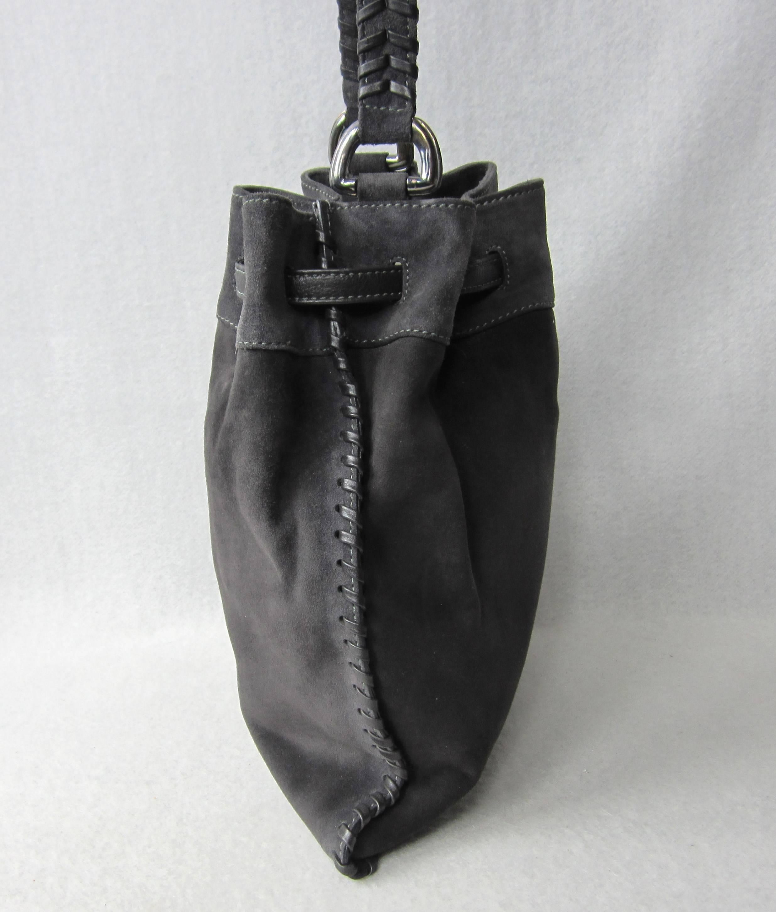 Black Barry Kieselstein Cord Steel Gray Suede Leather Drawstring Handbag